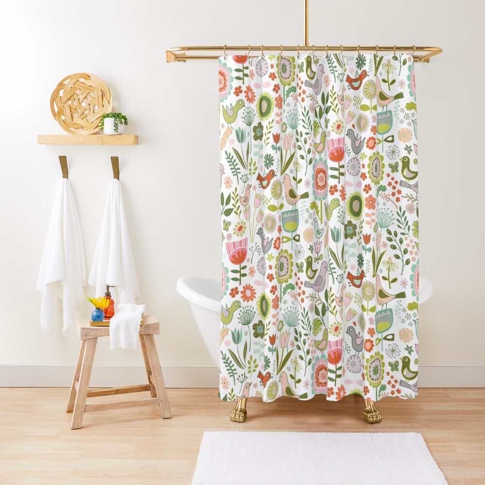 Birds and Blooms - Springtime - Pretty Floral Bird Pattern by Cecca Designs Shower Curtain