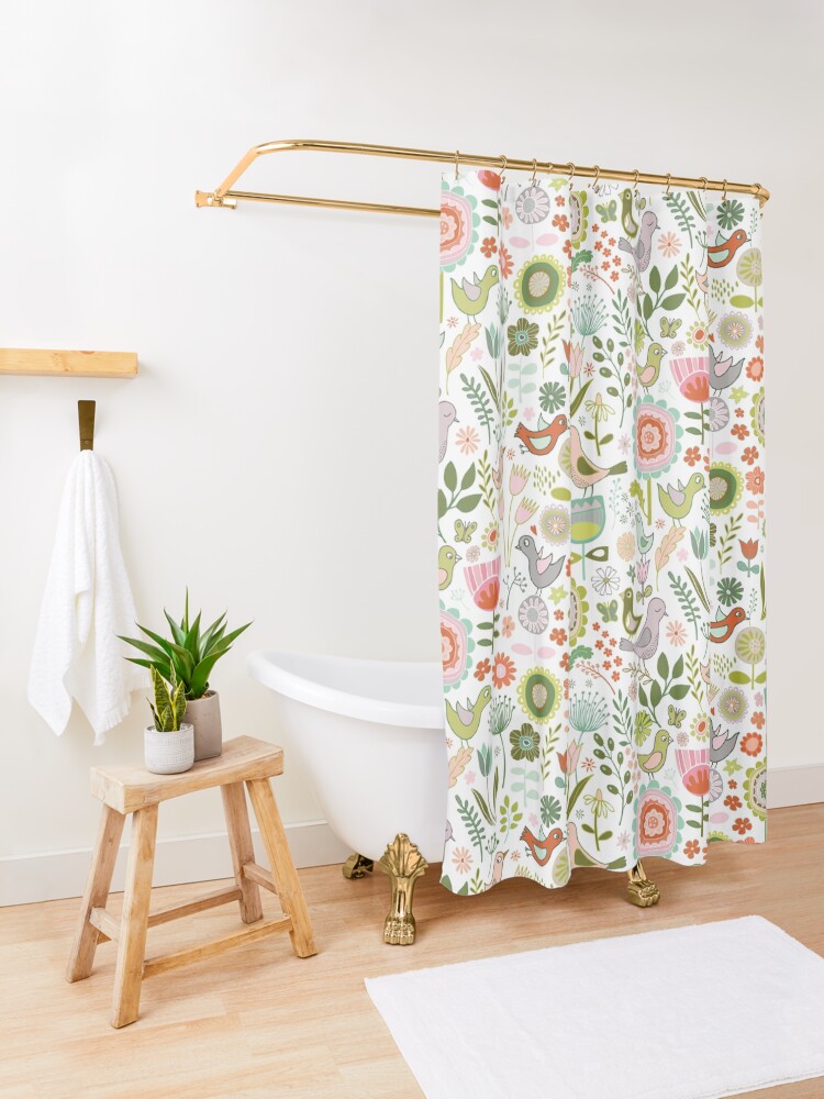 Alternate view of Birds and Blooms - Springtime - Pretty Floral Bird Pattern by Cecca Designs Shower Curtain