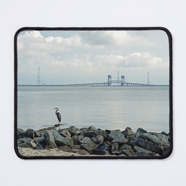 Item preview, Great Blue Heron with view of James River Bridge designed and sold by ShorelineImages.