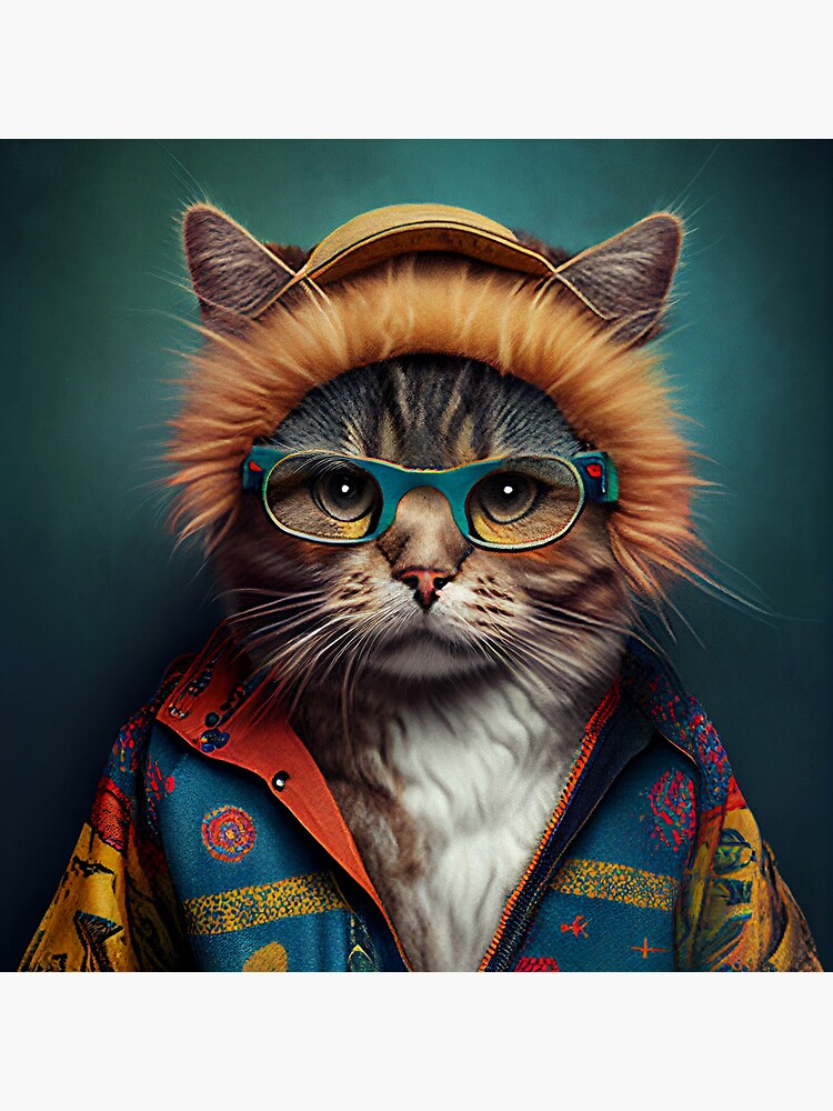 Cat wearing colorful jacket, hat and glasses | Greeting Card