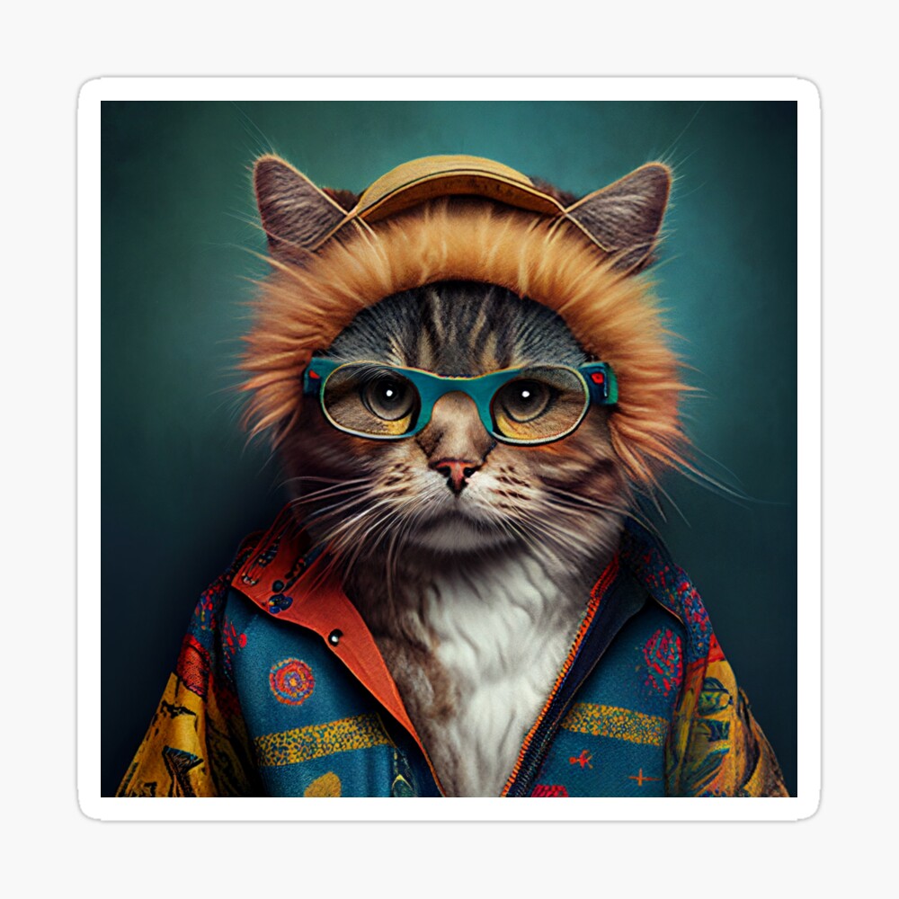 Cat wearing colorful jacket, hat and glasses | Greeting Card