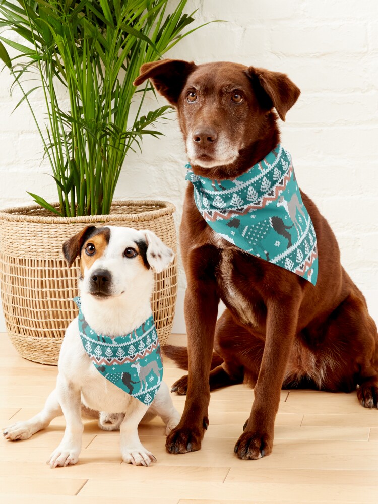 Alternate view of Happy pawlidays fair isle greyhounds // pine and java green background cute dogs dressed with orange and green knitted Christmas ugly sweaters Pet Bandana