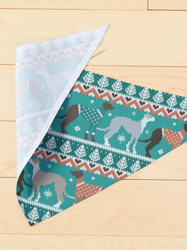 Alternate view of Happy pawlidays fair isle greyhounds // pine and java green background cute dogs dressed with orange and green knitted Christmas ugly sweaters Pet Bandana