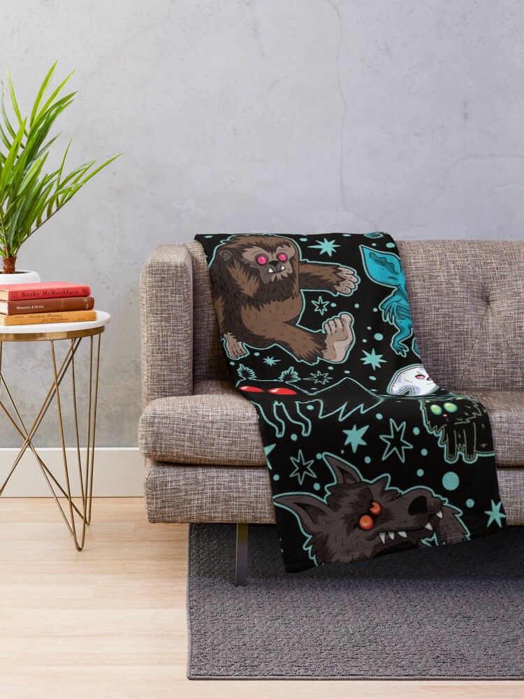 Thumbnail 2 of 6, Throw Blanket, Cryptids Night Black designed and sold by richardhague.