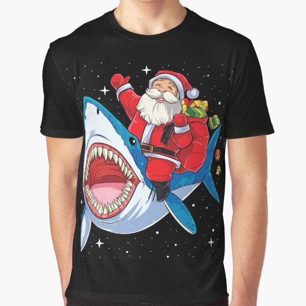 Santa Riding Shark T Shirt Christmas Gifts Galaxy Space Tees Graphic T-Shirt