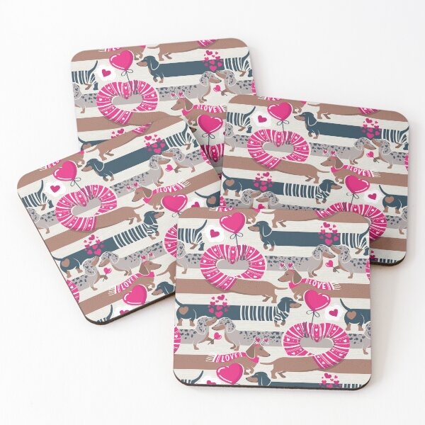 Item preview, Dachshunds long love // beige background fuchsia pink hearts scarves sweaters and other Valentine's Day details brown nile blue and dark grey spotted funny doxies dog puppies  designed and sold by SelmaCardoso.