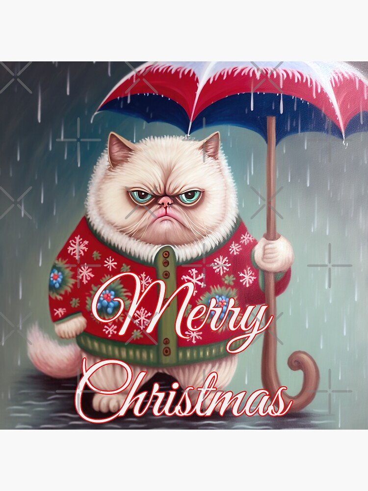 Grumpy cat wearing Christmas sweater in the rain Merry Christmas Sticker for Sale by avancee Redbubble