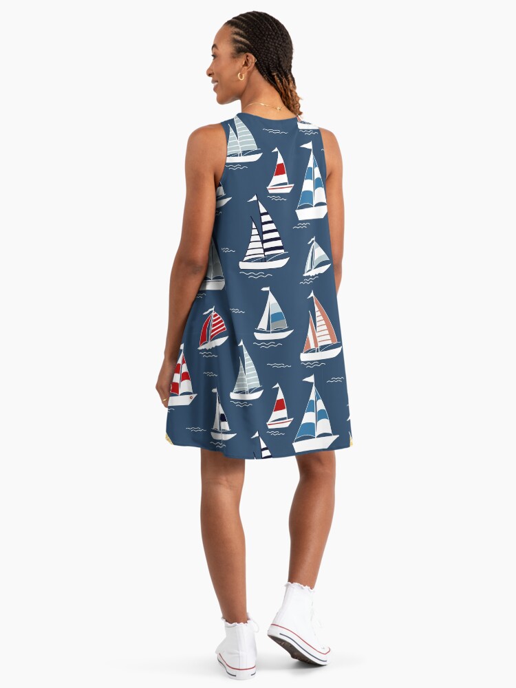 Nautical Blue Sailboat Pattern Nautical A-Line Dress
