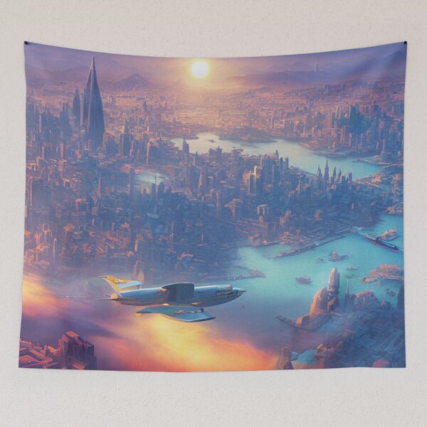 Item preview, A Blue Utopian Future City on a Blue World - Sunset designed and sold by DesignerKin.