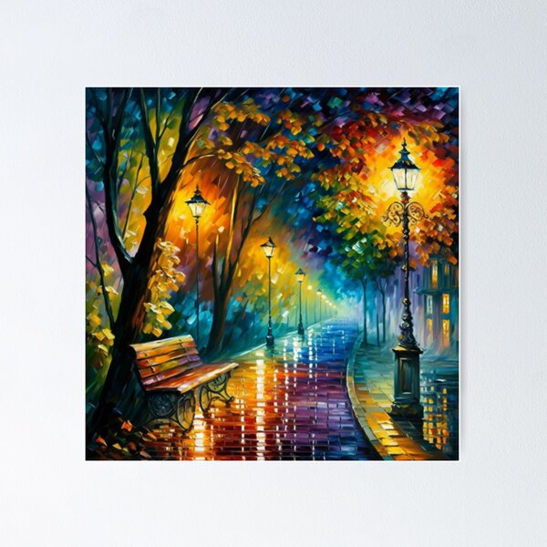 Vista previa del artículo con la obra «Banco de parque en una noche lluviosa, arte abstracto sereno», diseñado y vendido por BeaconMarketing.