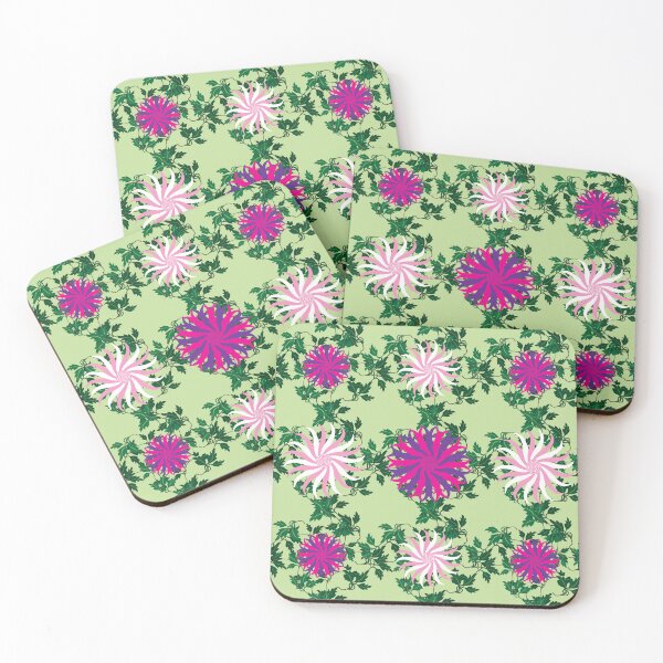 Item preview, White and Pink, Cerise and Purple Flowers on a Vine Leaves and Peppermint Green background designed and sold by sleepingdogprod.