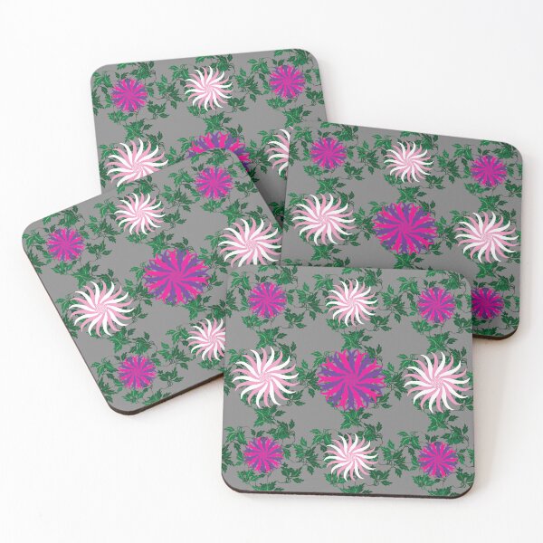 Item preview, White and Pink, Cerise and Purple Flowers on a Vine Leaves and Mid-Grey background designed and sold by sleepingdogprod.
