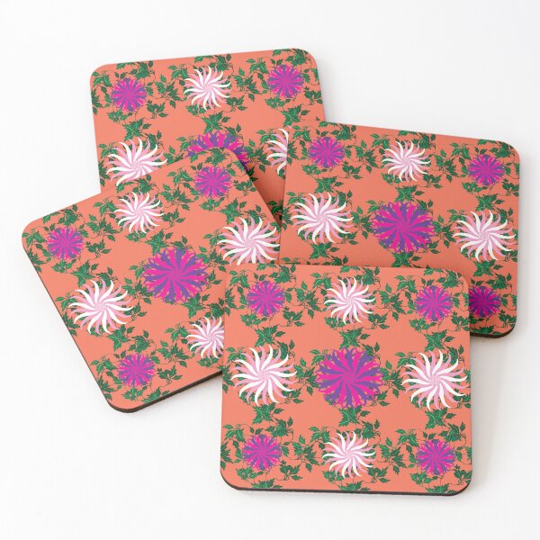 Item preview, White and Pink, Cerise and Purple Flowers on a Vine Leaves and Orange background designed and sold by sleepingdogprod.