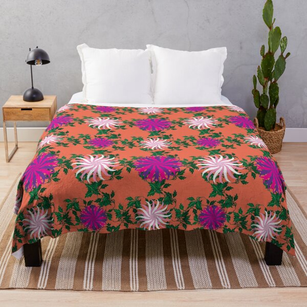 Item preview, White and Pink, Cerise and Purple Flowers on a Vine Leaves and Orange background designed and sold by sleepingdogprod.
