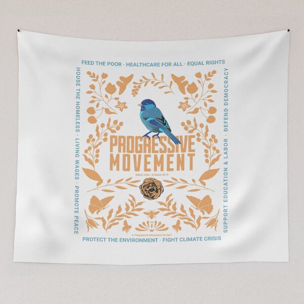 Artikelvorschau, PMD00011 Progressive Movement Designs blauer Vogel auf floralem Rosen-Botanikmotiv auf Weiß für Progressive entworfen und verkauft von ProgressiveLeft.
