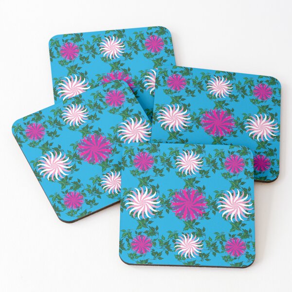 Item preview, White and Pink, Cerise and Purple Flowers on a Vine Leaves and Blue background designed and sold by sleepingdogprod.