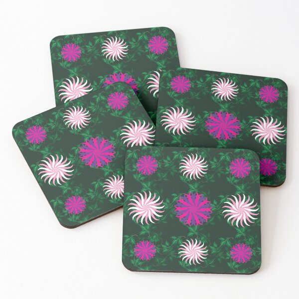 Item preview, White and Pink, Cerise and Purple Flowers on a Vine Leaves and Forest Green background designed and sold by sleepingdogprod.