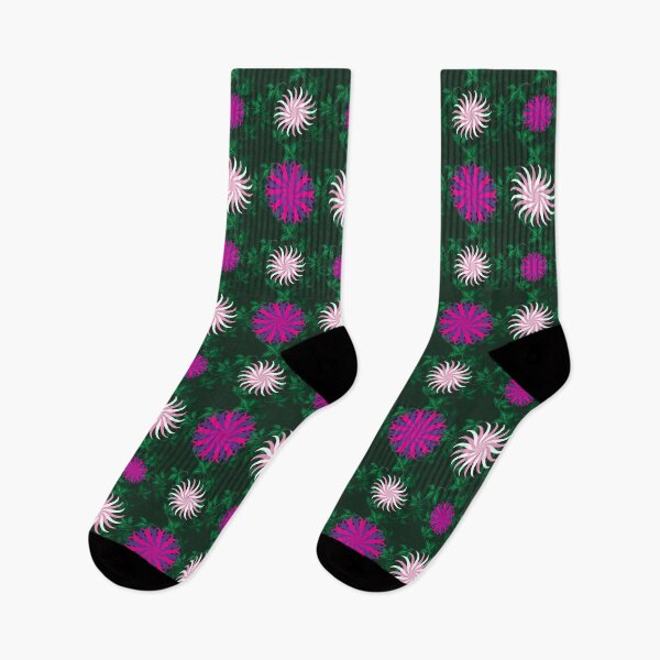 Item preview, White and Pink, Cerise and Purple Flowers on a Vine Leaves and Forest Green background designed and sold by sleepingdogprod.