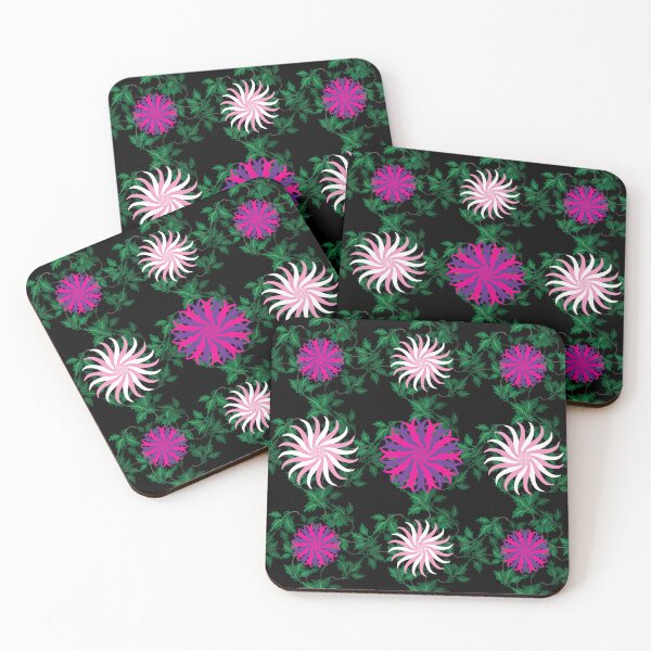 Item preview, White and Pink, Cerise and Purple Flowers on a Vine Leaves and Black background designed and sold by sleepingdogprod.