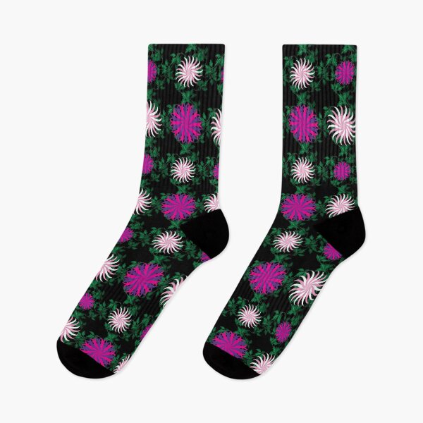 Item preview, White and Pink, Cerise and Purple Flowers on a Vine Leaves and Black background designed and sold by sleepingdogprod.