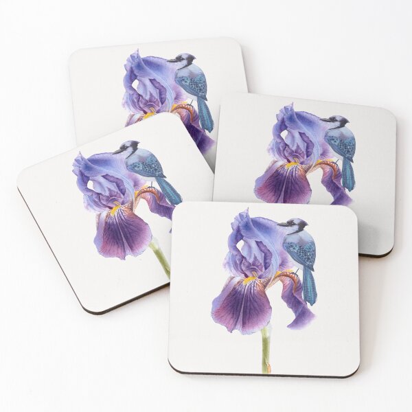 Item preview, Vintage Watercolor Blue Jay and Iris Flower designed and sold by BohemiWANDERS.