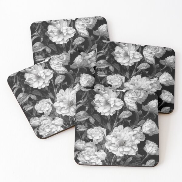 Item preview, Highly detailed beautiful illustration of blossoming flowers, black and white vertical arrangement with black background. Digital artwork. designed and sold by Bookwyrm-Bazaar.