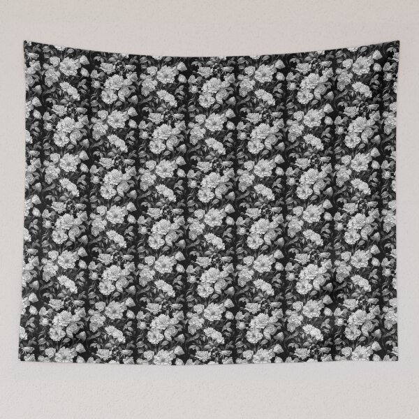 Item preview, Highly detailed beautiful illustration of blossoming flowers, black and white vertical arrangement with black background. Digital artwork. designed and sold by Bookwyrm-Bazaar.