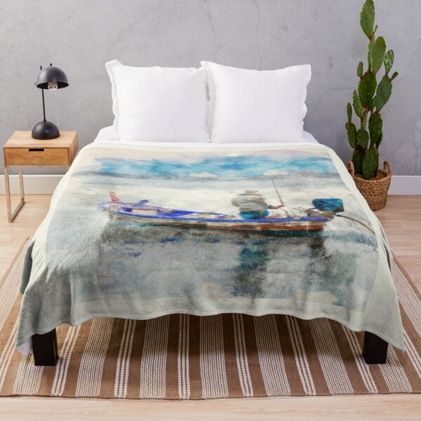 Item preview, Man Fishing on a Boat in the Cold as Watercolor (AI Generated Art) designed and sold by Cowboy Folly.