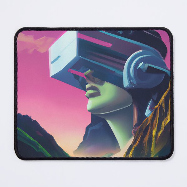 Item preview, Woman in VR goggles in mountains against sunset sky designed and sold by EIKON-PRO.