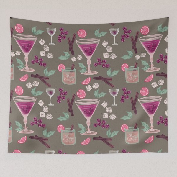 Item preview, Pink Christmas cocktails on tan with pink oranges and cranberries  designed and sold by katerosestudios.