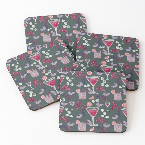 Artikelvorschau, Lila und rosa Weihnachtscocktails auf Grün mit rosa Orangen und Preiselbeeren entworfen und verkauft von katerosestudios.