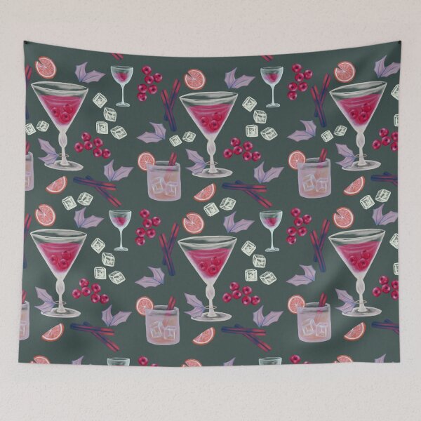 Item preview, Purple and Pink Christmas cocktails on green with pink oranges and cranberries  designed and sold by katerosestudios.