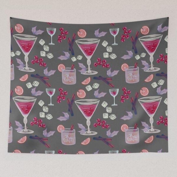 Item preview, Purple and Pink Christmas cocktails on grey with pink oranges and cranberries  designed and sold by katerosestudios.
