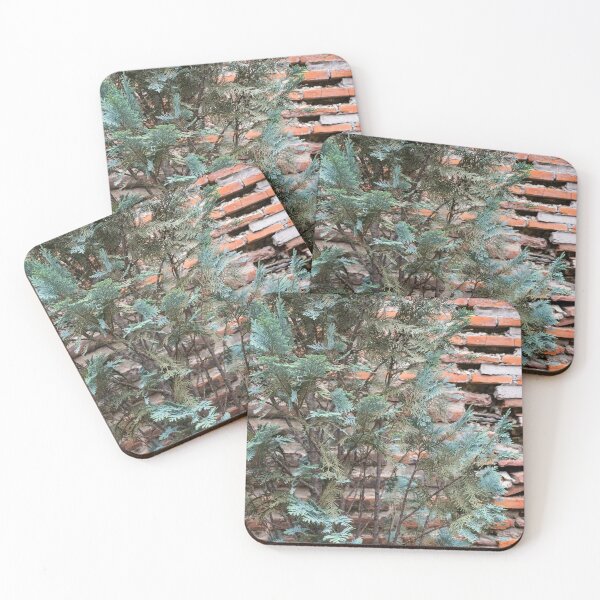 Item preview, Green and Red - Cypress Branches Over Antique Roman Brick Wall designed and sold by Georgia Mizuleva.