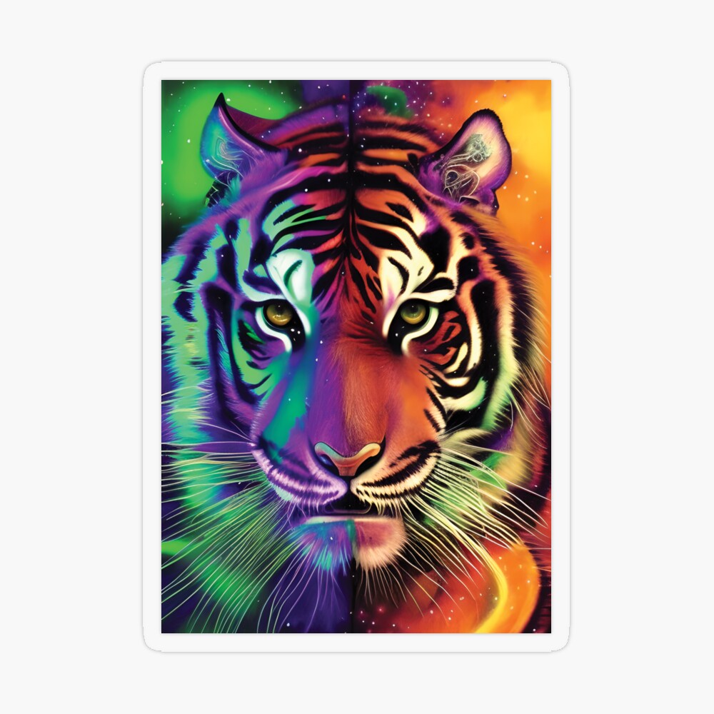 Bengal tiger face, tiger majestic, roar, psychedelic, vivid color line art