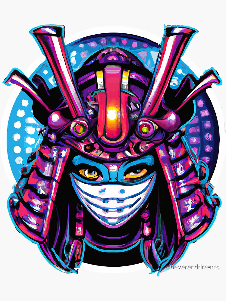 "Cool Japanese Samurai Geisha Girl Mask Colorful Illustration" Sticker