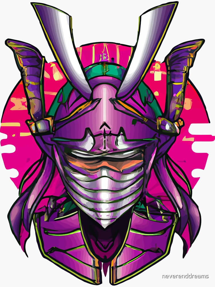 "Cool Japanese Samurai Geisha Girl Mask Colorful Illustration" Sticker
