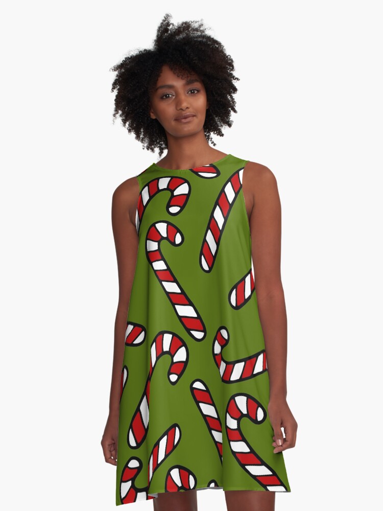 Thumbnail 1 of 4, A-Line Dress, Candy Cane Pattern designed and sold by evannave.