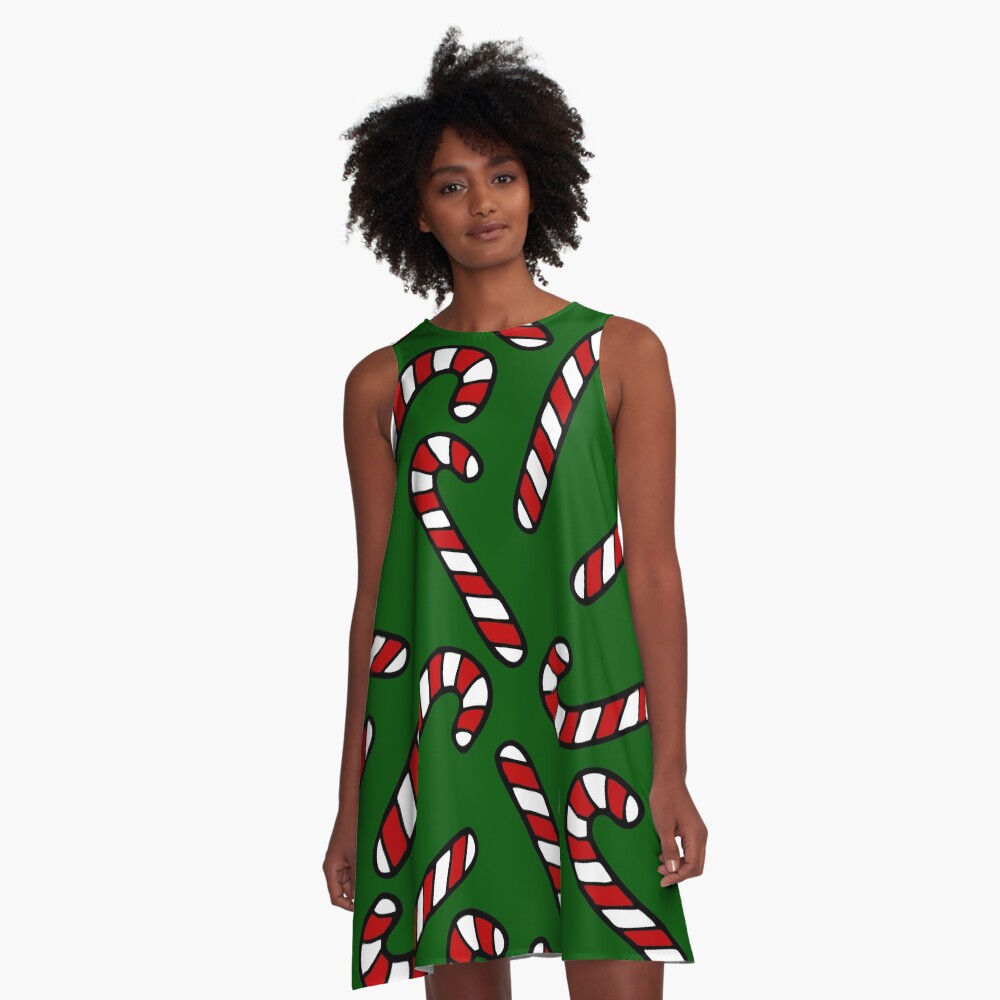 Candy Cane Pattern Dark Green A-Line Dress