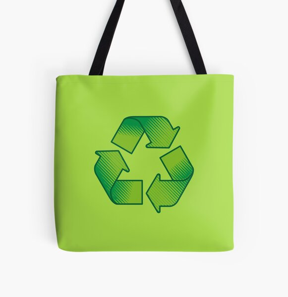 Reduce reuse recycle green recycling symbol sticker and tote bag