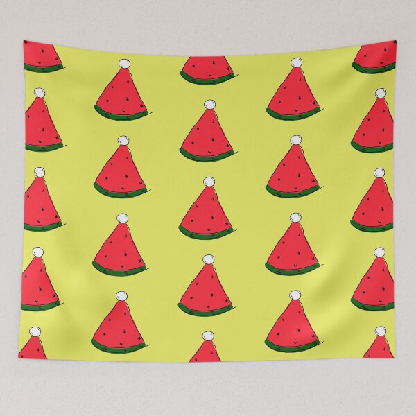 Item preview, Hot Summer Australian Christmas Watermelon Santa Hat Abstract with Yellow Background- designed and sold by Karen Ekdahl.