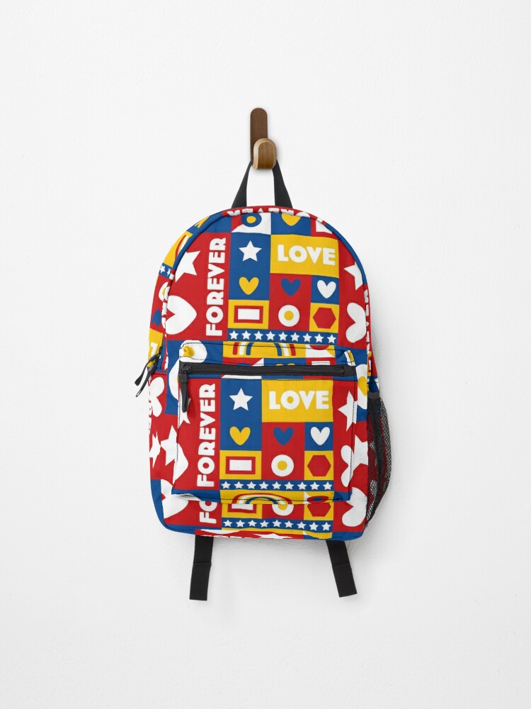80s inspired Forever Love Pop Art Design - Red, Yellow, Blue and White by  Rene Dauphine Backpack for Sale by SirenSeventyOne