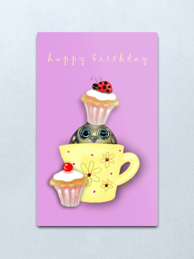 Alternate view of Happy Birthday Bird in a Teacup Metal Print