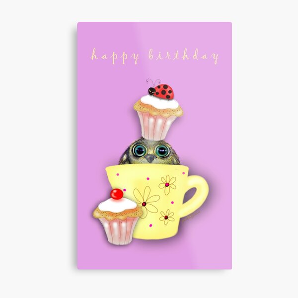 Happy Birthday Bird in a Teacup Metal Print