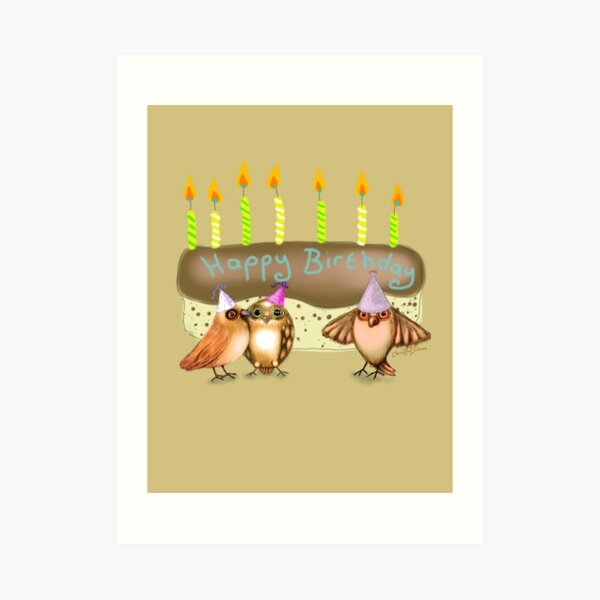 Happy Birthday Birds with Cake Art Print