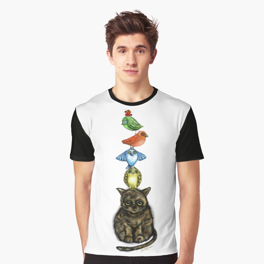 Balancing Act with Birds and a Cat Graphic T-Shirt