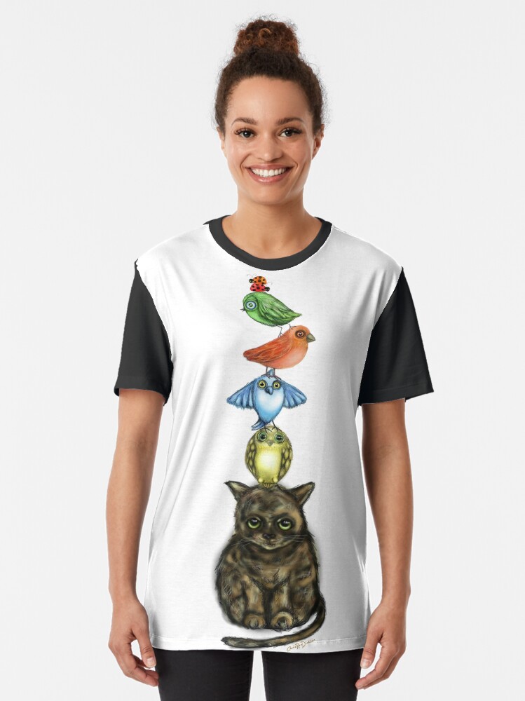 Alternate view of Balancing Act with Birds and a Cat Graphic T-Shirt