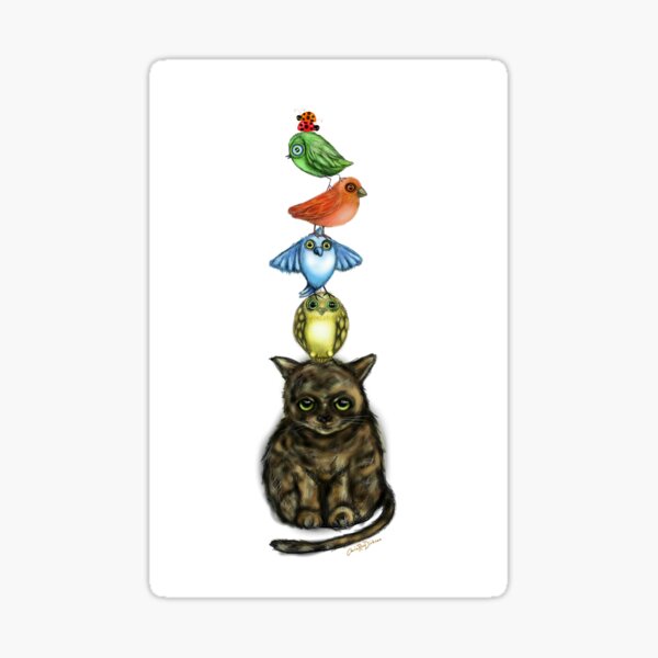 Balancing Act with Birds and a Cat Sticker