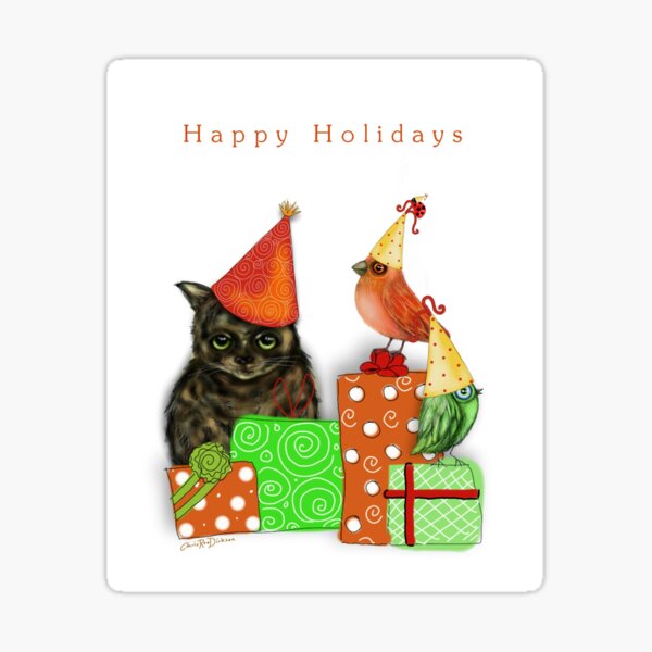 Cat and Bird Christmas Card Sticker