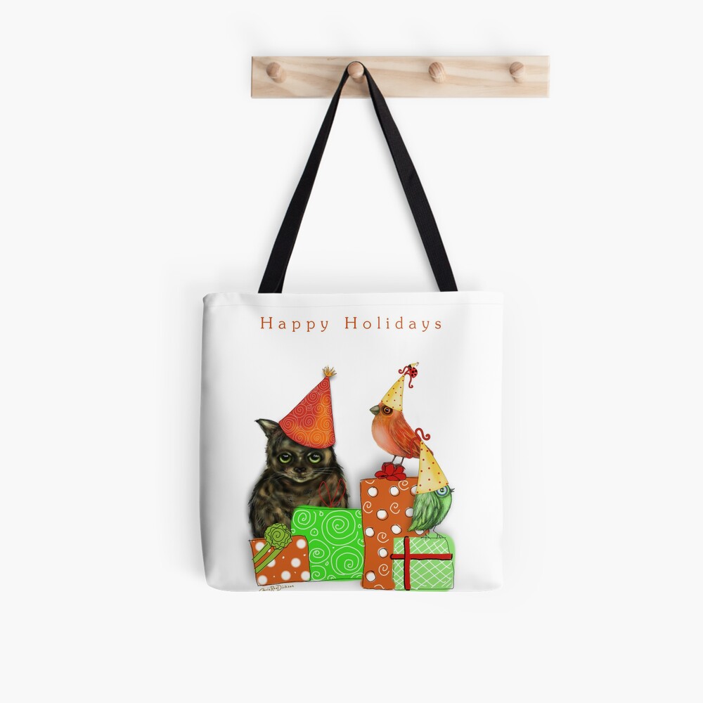 Cat and Bird Christmas Card Tote Bag